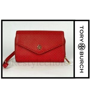 NWT Tory Burch Red w/ gold poka dots Zip Wristlet Leather Wallet